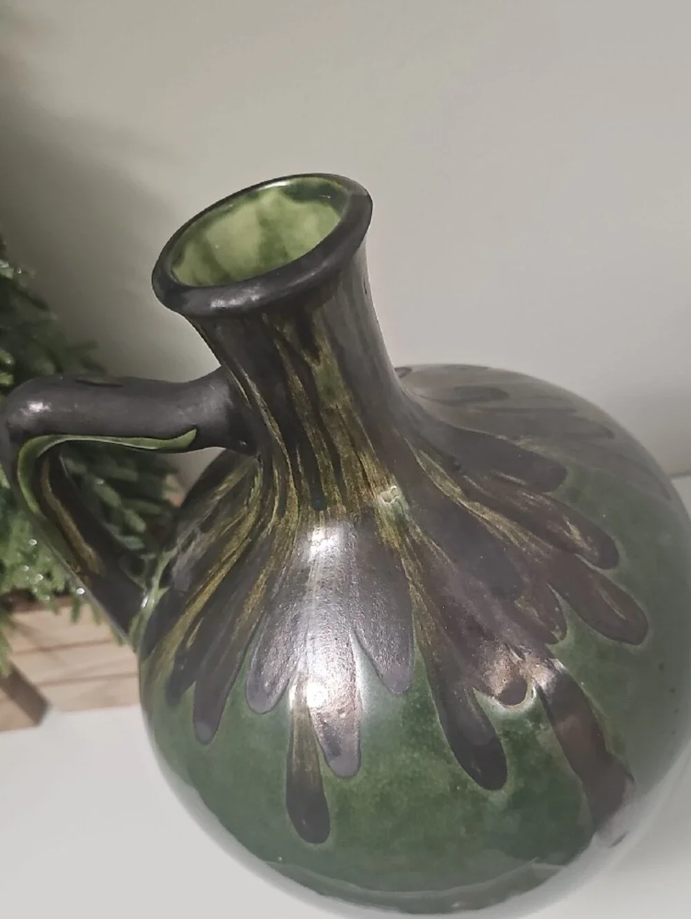 Green Ceramic Glazed Pitcher Vase Heavy 14